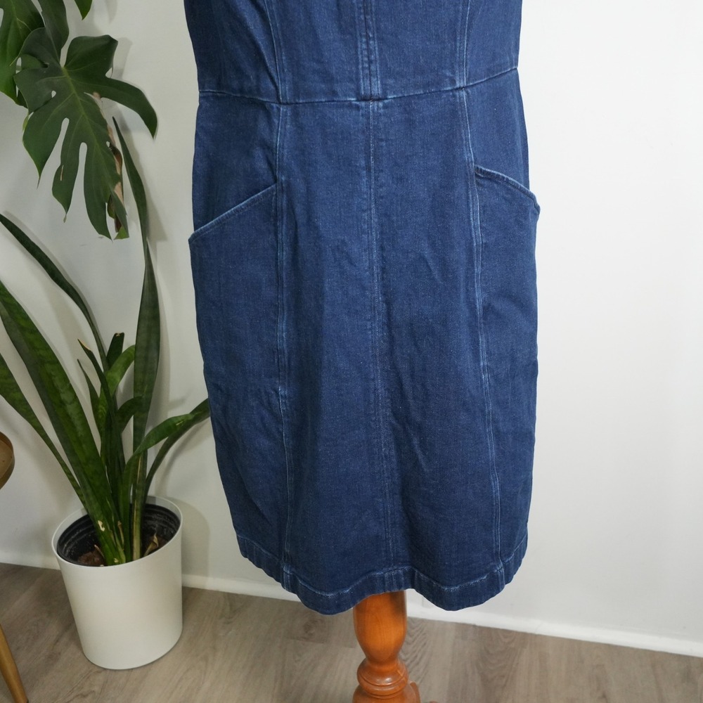 Boden Denim Shift Dress 8R Blue Dark Wash Notched V-Neck Sleeveless Pocket - Picture 3 of 9